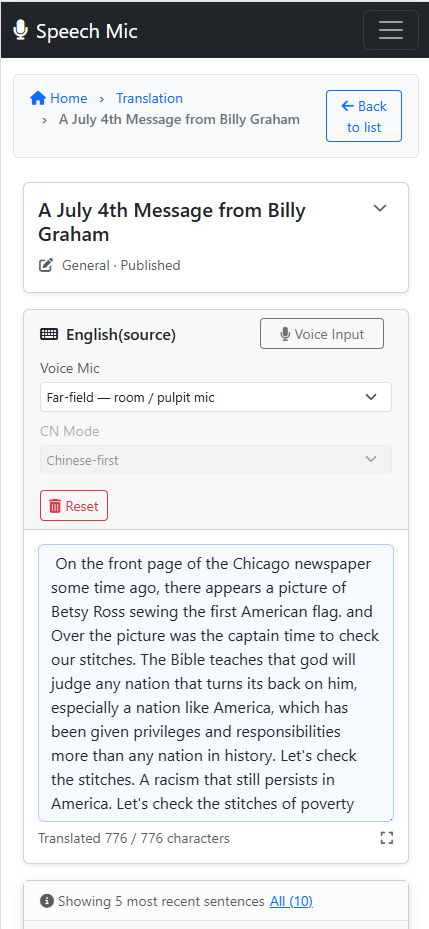 Translation editor with voice input and source text