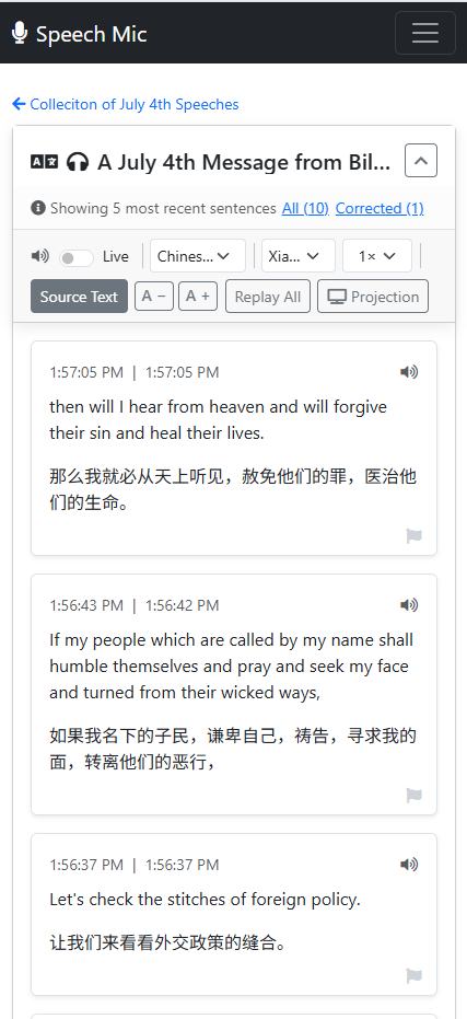 Public listen page showing source and translated text