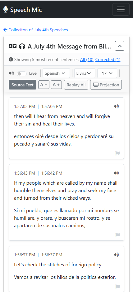 Public listen page with a selected target language