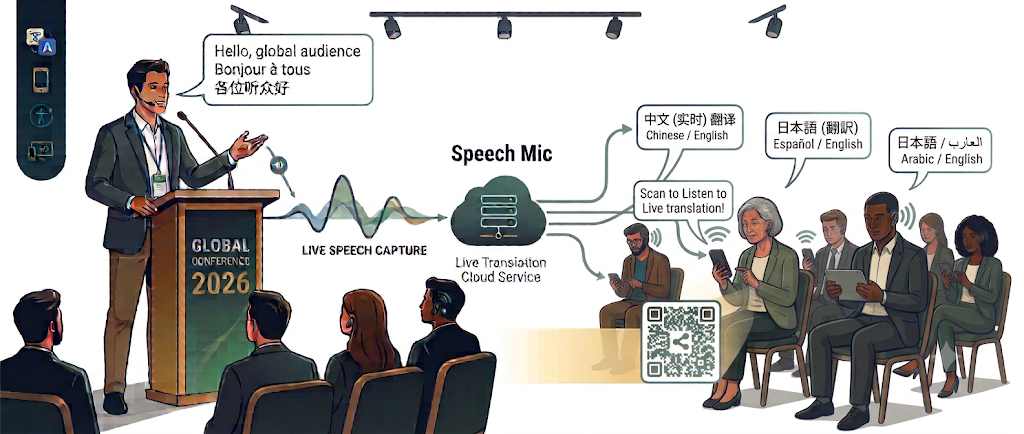 Conference scenario: speaker at podium, live translation in the cloud, and audience listening on phones in multiple languages